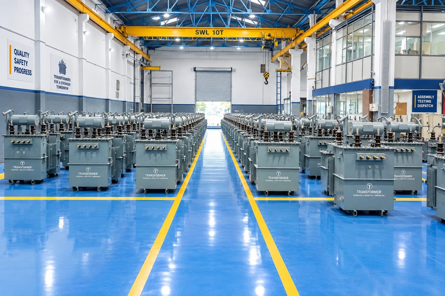 Distribution transformers lined up in the Trafo Power assembly hall