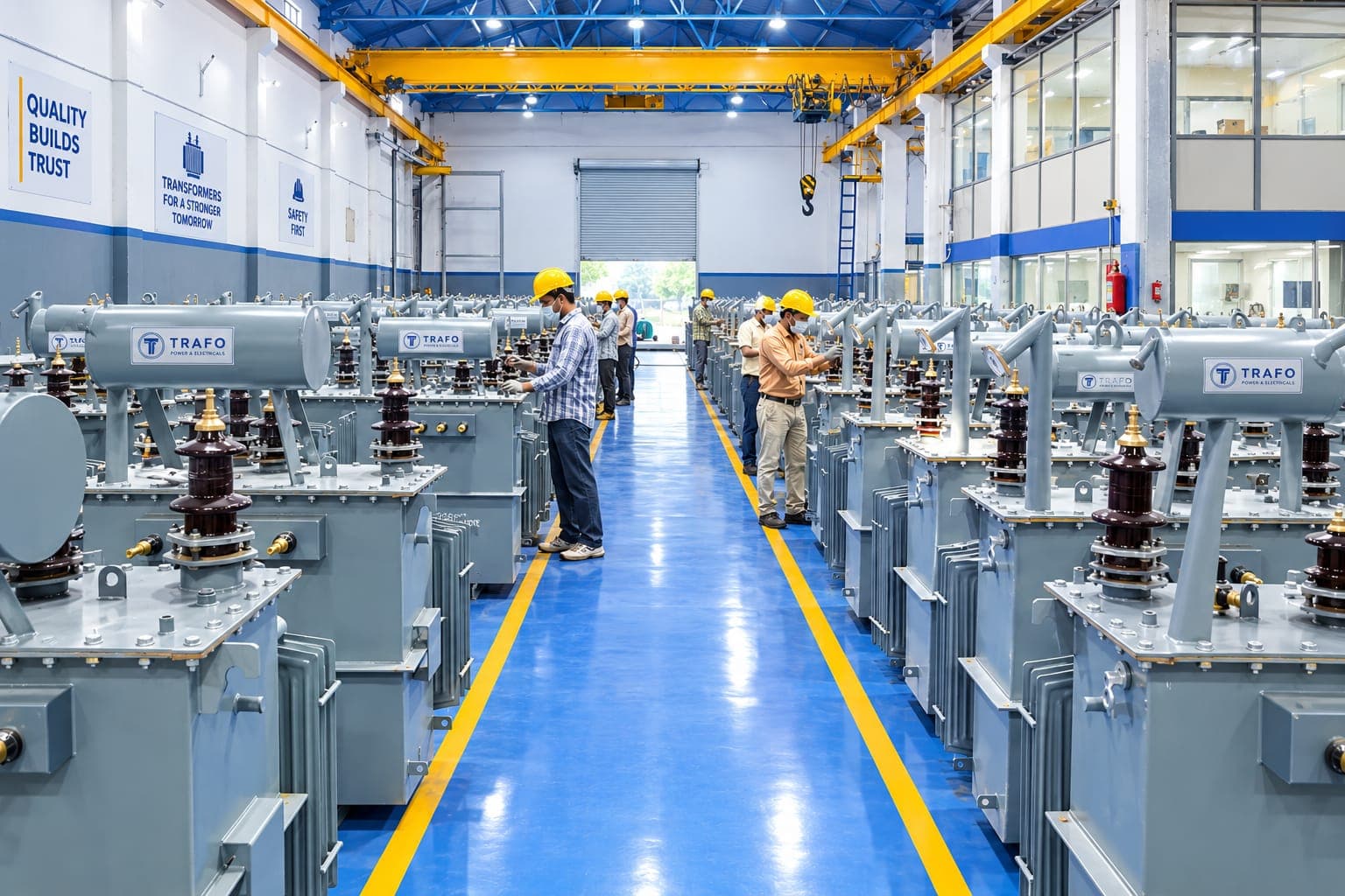 Technicians assembling transformers on the Trafo Power shop floor